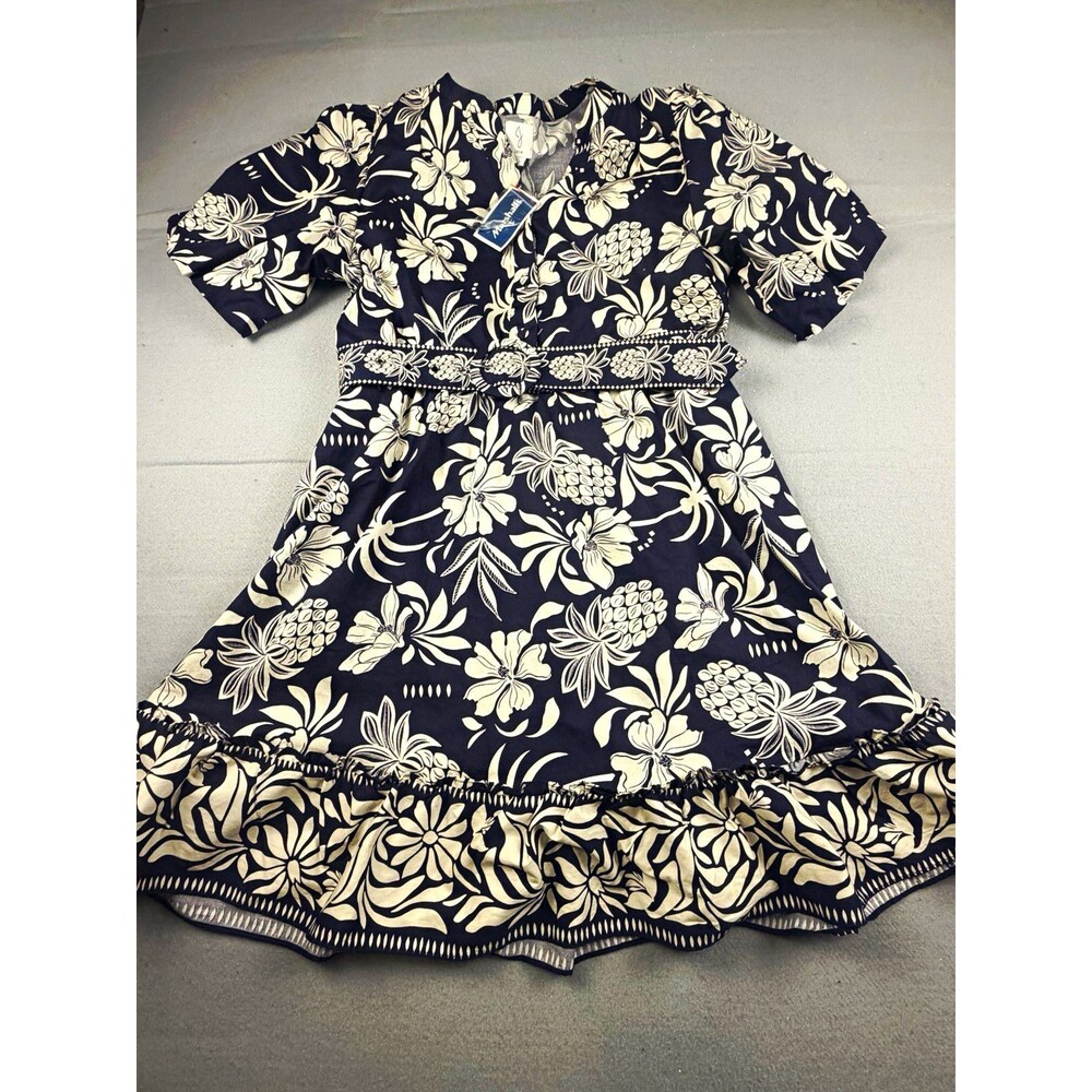 Joie Navy White Tropical Floral Fit & Flare V-Neck Puff Sleeve Lined Dress S